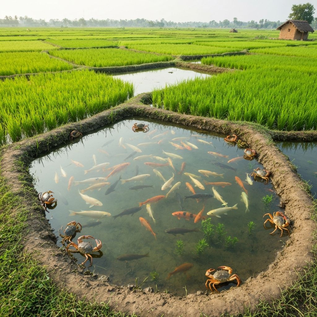 Aqua farming with fish and crabs alongside paddy crops