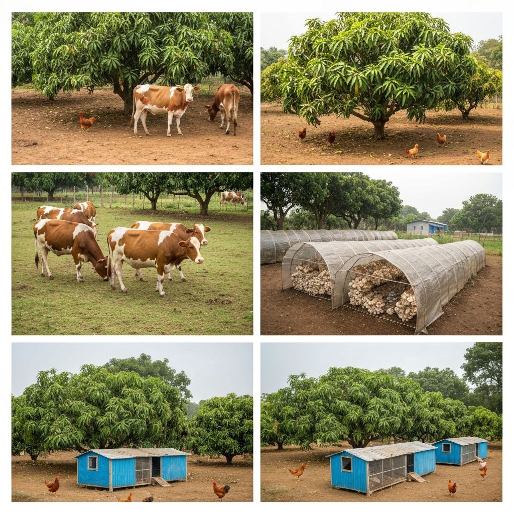 Multi-integrated farm with cows, chickens, mushrooms and mango