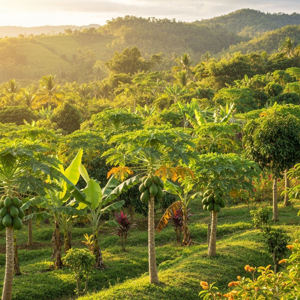 Fruits farming with papaya, banana and cheeku